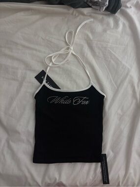 BNWT White Fox Boutique Black Rhinestone Halter Tank with White Trim